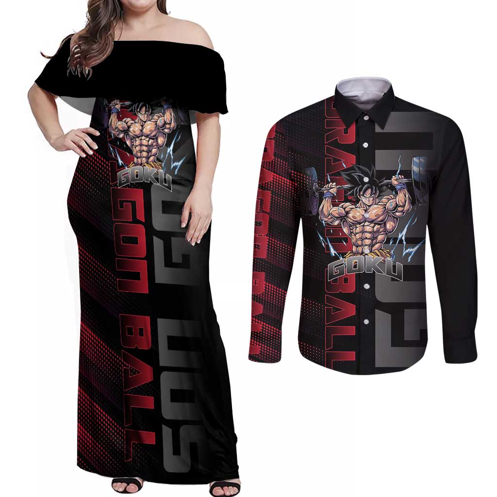Goku Gym Theme Black and Red Design Couples Matching Off Shoulder Maxi Dress and Long Sleeve Button Shirt with Dumbbell Lightning Art and Muscle Training Pose - The Mazicc