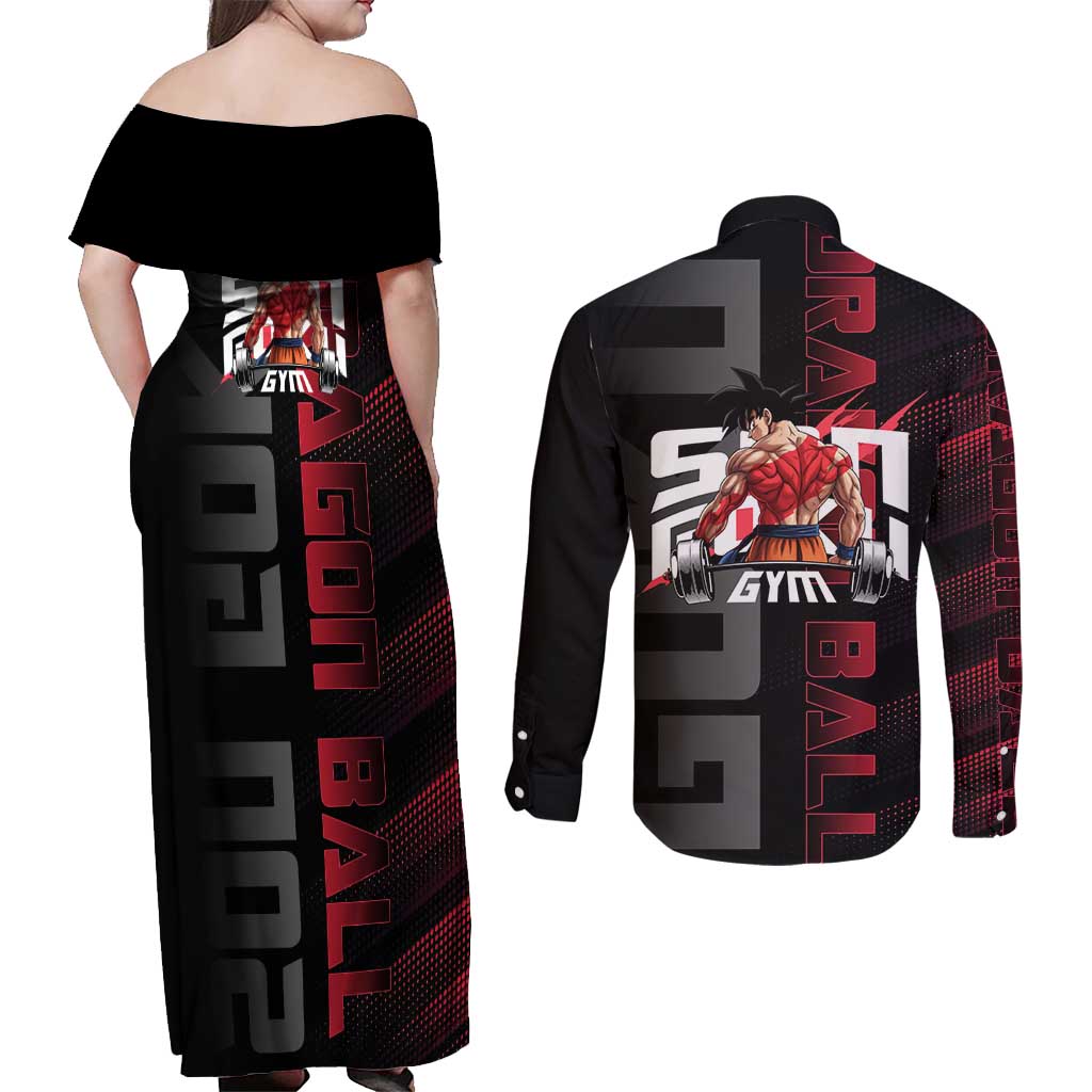Goku Gym Theme Black and Red Design Couples Matching Off Shoulder Maxi Dress and Long Sleeve Button Shirt with Dumbbell Lightning Art and Muscle Training Pose - The Mazicc