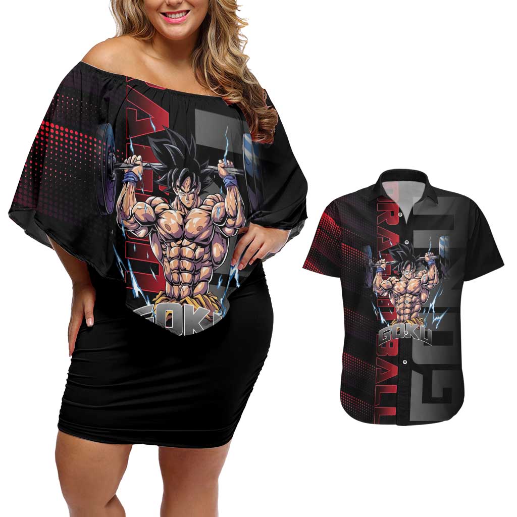 Goku Gym Theme Black and Red Design Couples Matching Off Shoulder Short Dress and Hawaiian Shirt with Dumbbell Lightning Art and Muscle Training Pose - The Mazicc