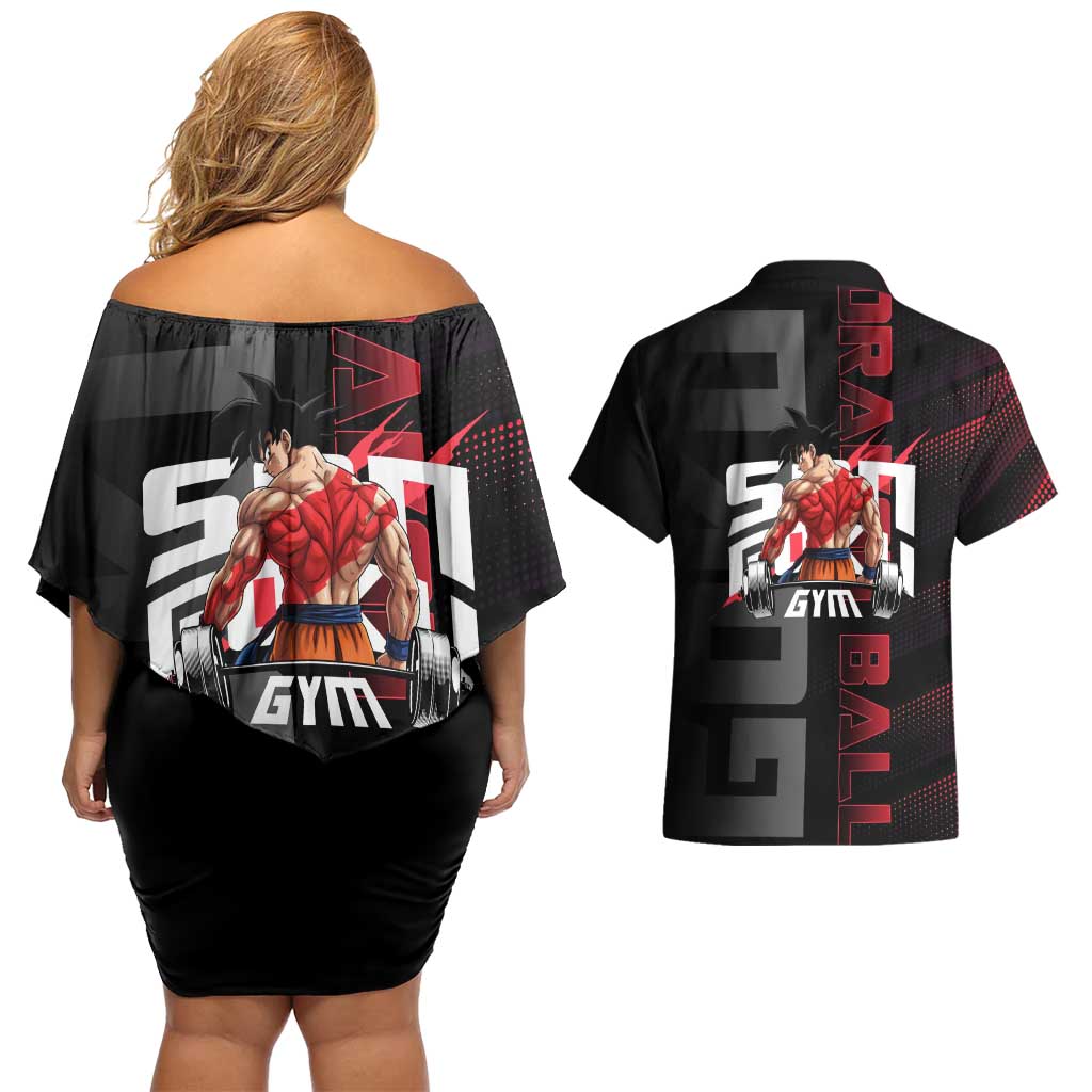 Goku Gym Theme Black and Red Design Couples Matching Off Shoulder Short Dress and Hawaiian Shirt with Dumbbell Lightning Art and Muscle Training Pose - The Mazicc