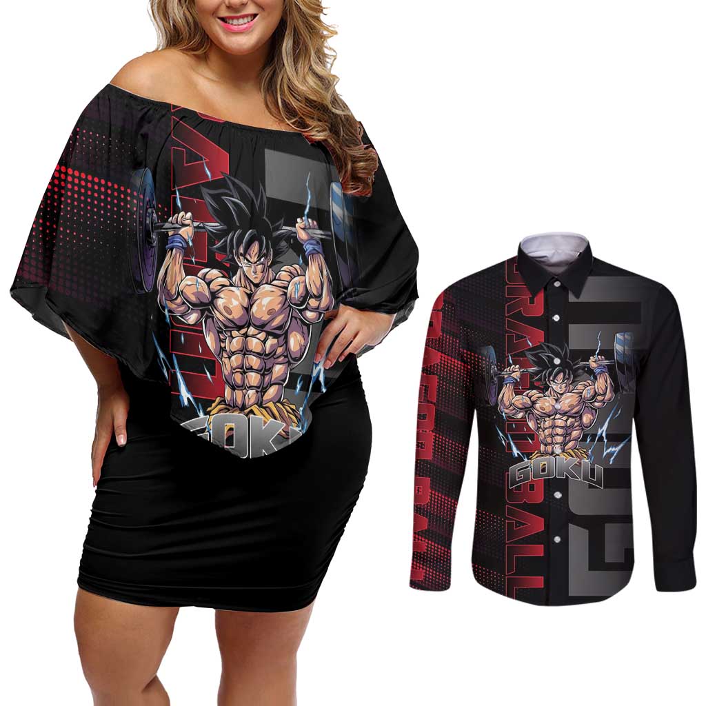 Goku Gym Theme Black and Red Design Couples Matching Off Shoulder Short Dress and Long Sleeve Button Shirt with Dumbbell Lightning Art and Muscle Training Pose - The Mazicc