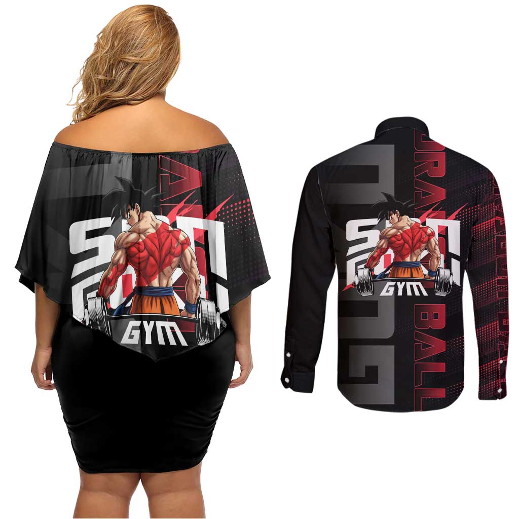 Goku Gym Theme Black and Red Design Couples Matching Off Shoulder Short Dress and Long Sleeve Button Shirt with Dumbbell Lightning Art and Muscle Training Pose - The Mazicc