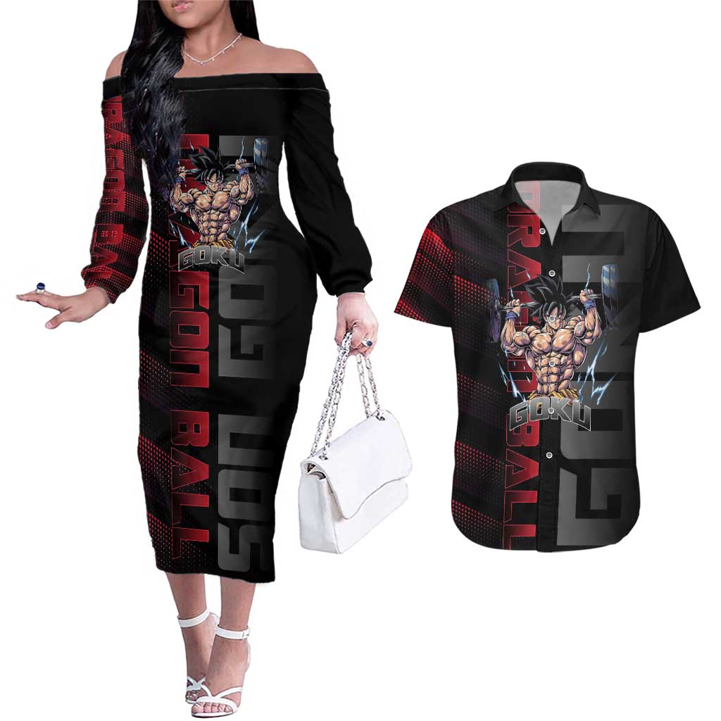 Goku Gym Theme Black and Red Design Couples Matching Off The Shoulder Long Sleeve Dress and Hawaiian Shirt with Dumbbell Lightning Art and Muscle Training Pose - The Mazicc