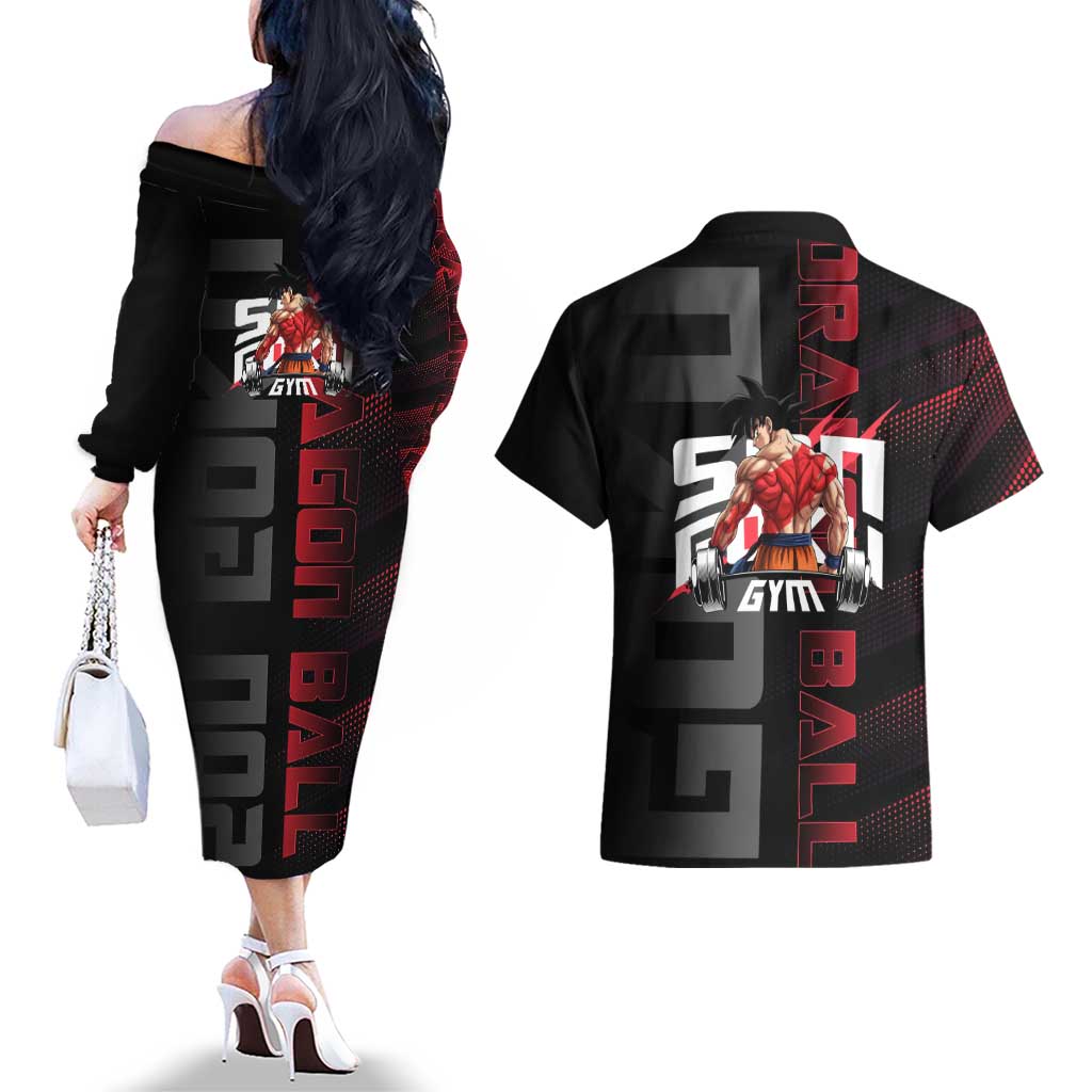 Goku Gym Theme Black and Red Design Couples Matching Off The Shoulder Long Sleeve Dress and Hawaiian Shirt with Dumbbell Lightning Art and Muscle Training Pose - The Mazicc