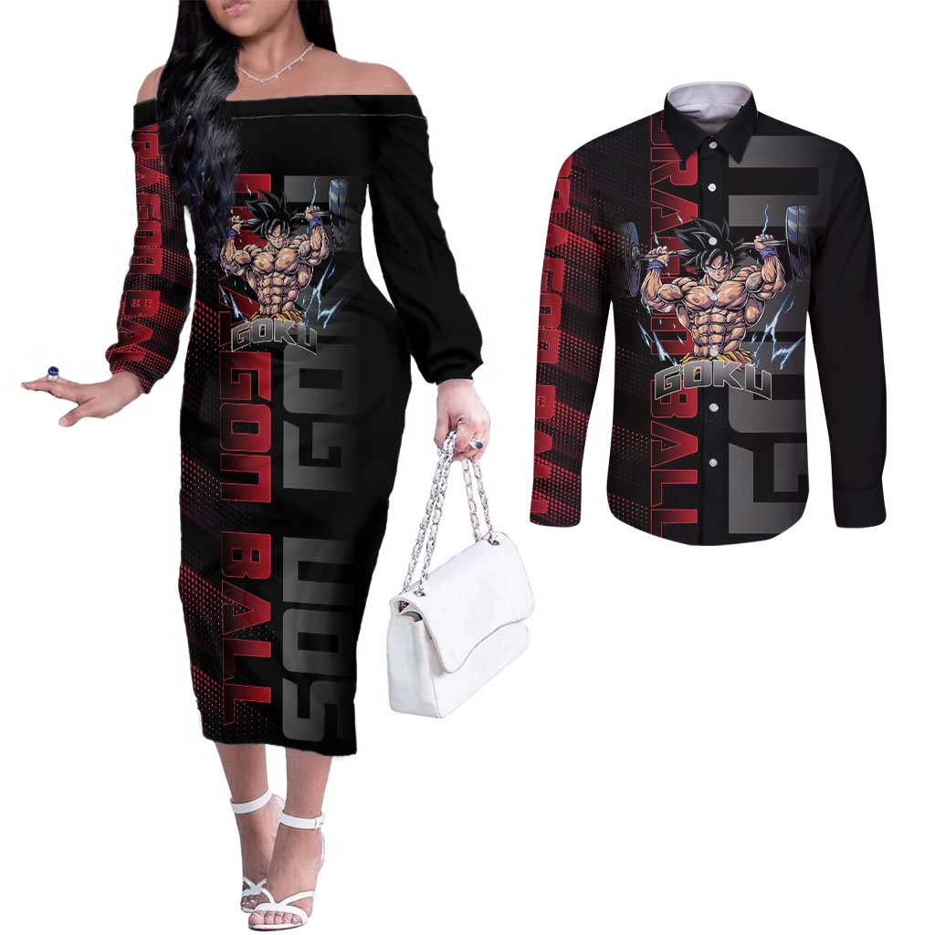 Goku Gym Theme Black and Red Design Couples Matching Off The Shoulder Long Sleeve Dress and Long Sleeve Button Shirt with Dumbbell Lightning Art and Muscle Training Pose - The Mazicc
