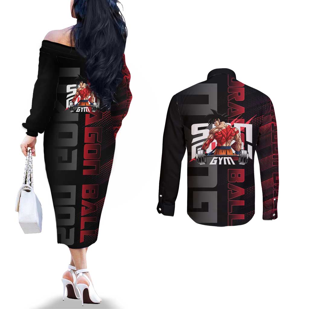 Goku Gym Theme Black and Red Design Couples Matching Off The Shoulder Long Sleeve Dress and Long Sleeve Button Shirt with Dumbbell Lightning Art and Muscle Training Pose - The Mazicc