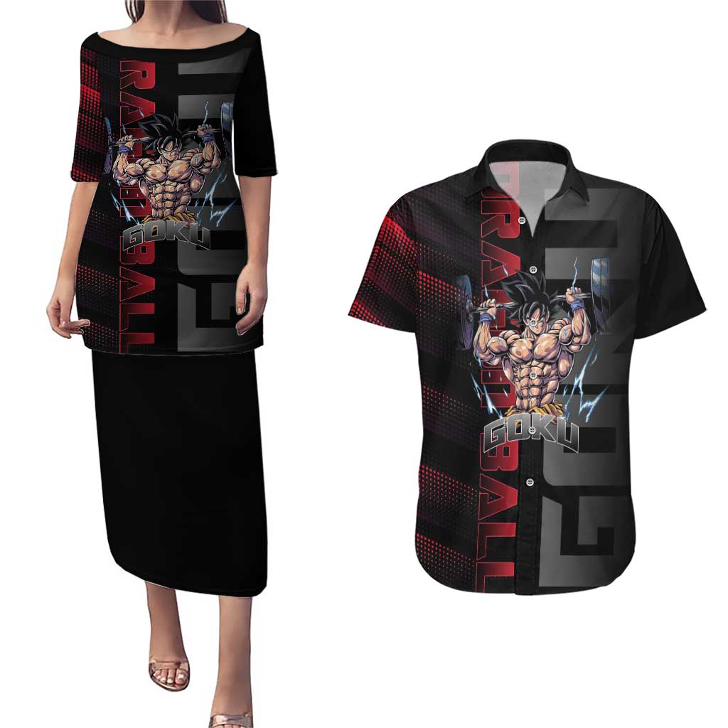 Goku Gym Theme Black and Red Design Couples Matching Puletasi and Hawaiian Shirt with Dumbbell Lightning Art and Muscle Training Pose - The Mazicc