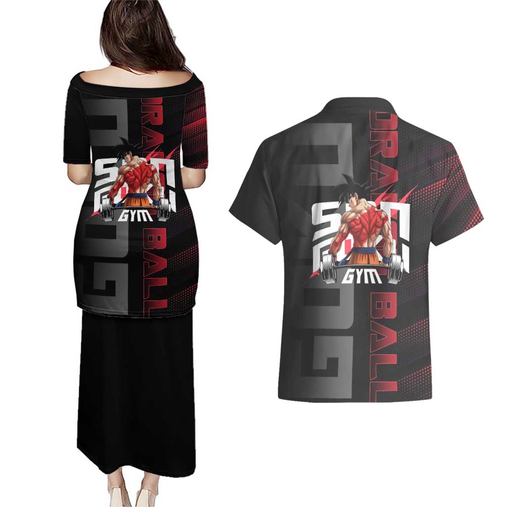 Goku Gym Theme Black and Red Design Couples Matching Puletasi and Hawaiian Shirt with Dumbbell Lightning Art and Muscle Training Pose - The Mazicc
