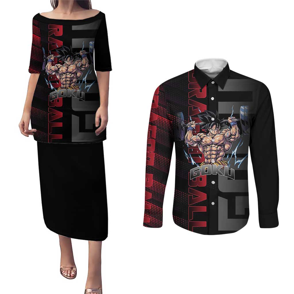 Goku Gym Theme Black and Red Design Couples Matching Puletasi and Long Sleeve Button Shirt with Dumbbell Lightning Art and Muscle Training Pose - The Mazicc