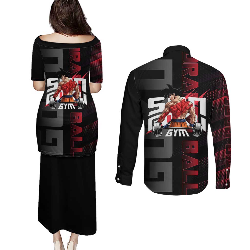 Goku Gym Theme Black and Red Design Couples Matching Puletasi and Long Sleeve Button Shirt with Dumbbell Lightning Art and Muscle Training Pose - The Mazicc