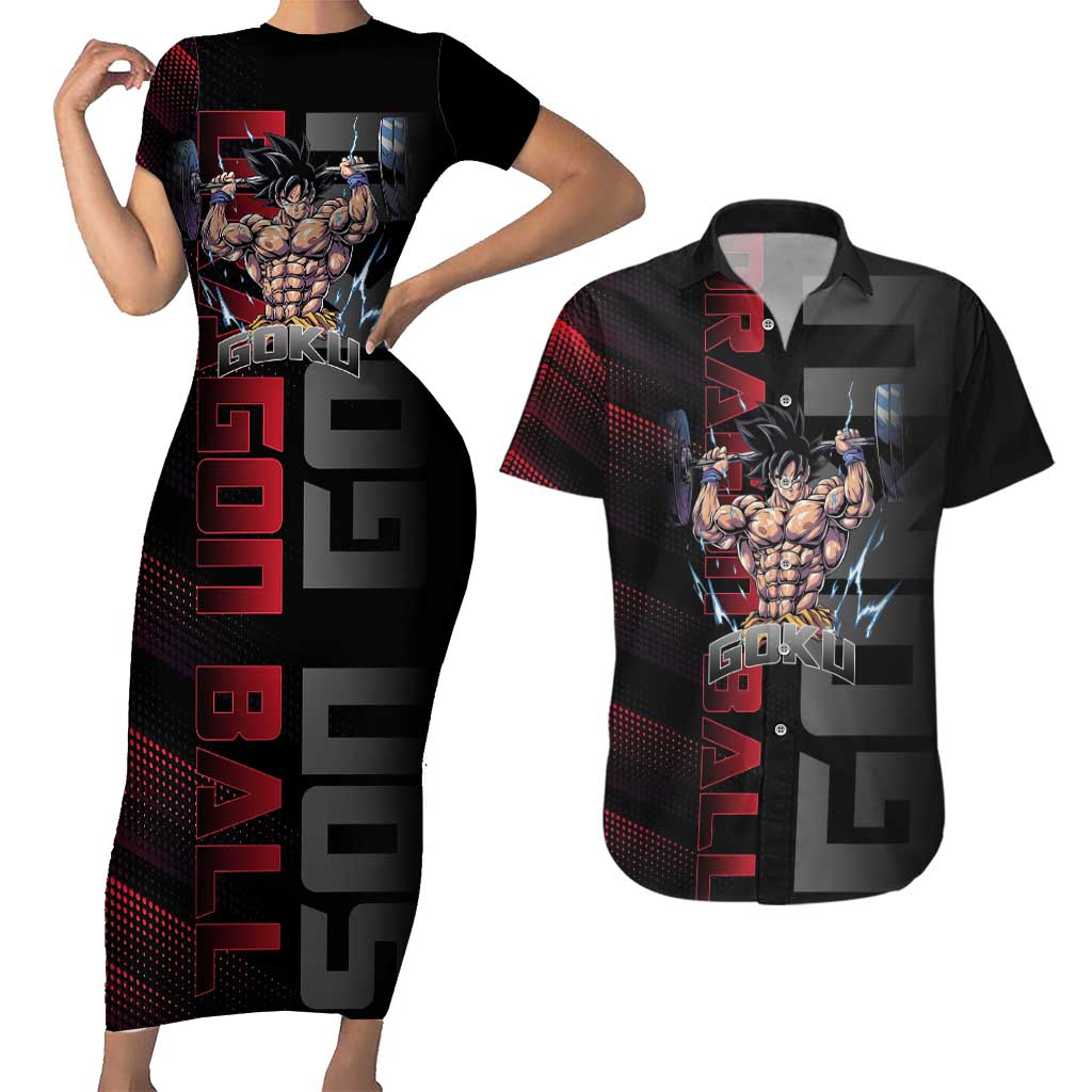 Goku Gym Theme Black and Red Design Couples Matching Short Sleeve Bodycon Dress and Hawaiian Shirt with Dumbbell Lightning Art and Muscle Training Pose - The Mazicc