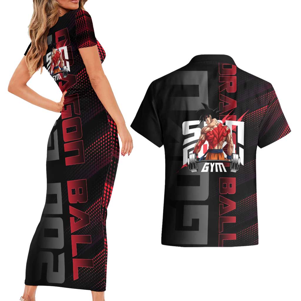 Goku Gym Theme Black and Red Design Couples Matching Short Sleeve Bodycon Dress and Hawaiian Shirt with Dumbbell Lightning Art and Muscle Training Pose - The Mazicc