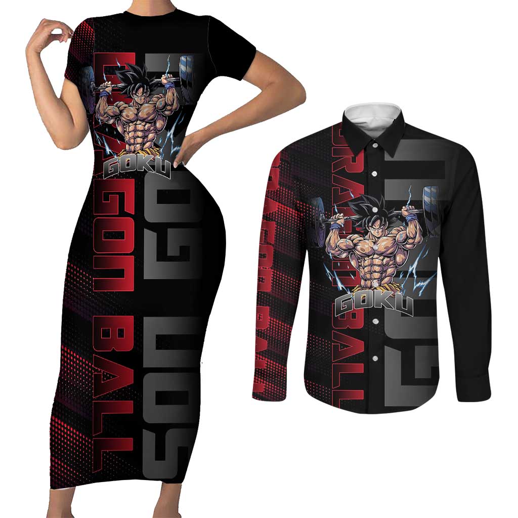 Goku Gym Theme Black and Red Design Couples Matching Short Sleeve Bodycon Dress and Long Sleeve Button Shirt with Dumbbell Lightning Art and Muscle Training Pose - The Mazicc