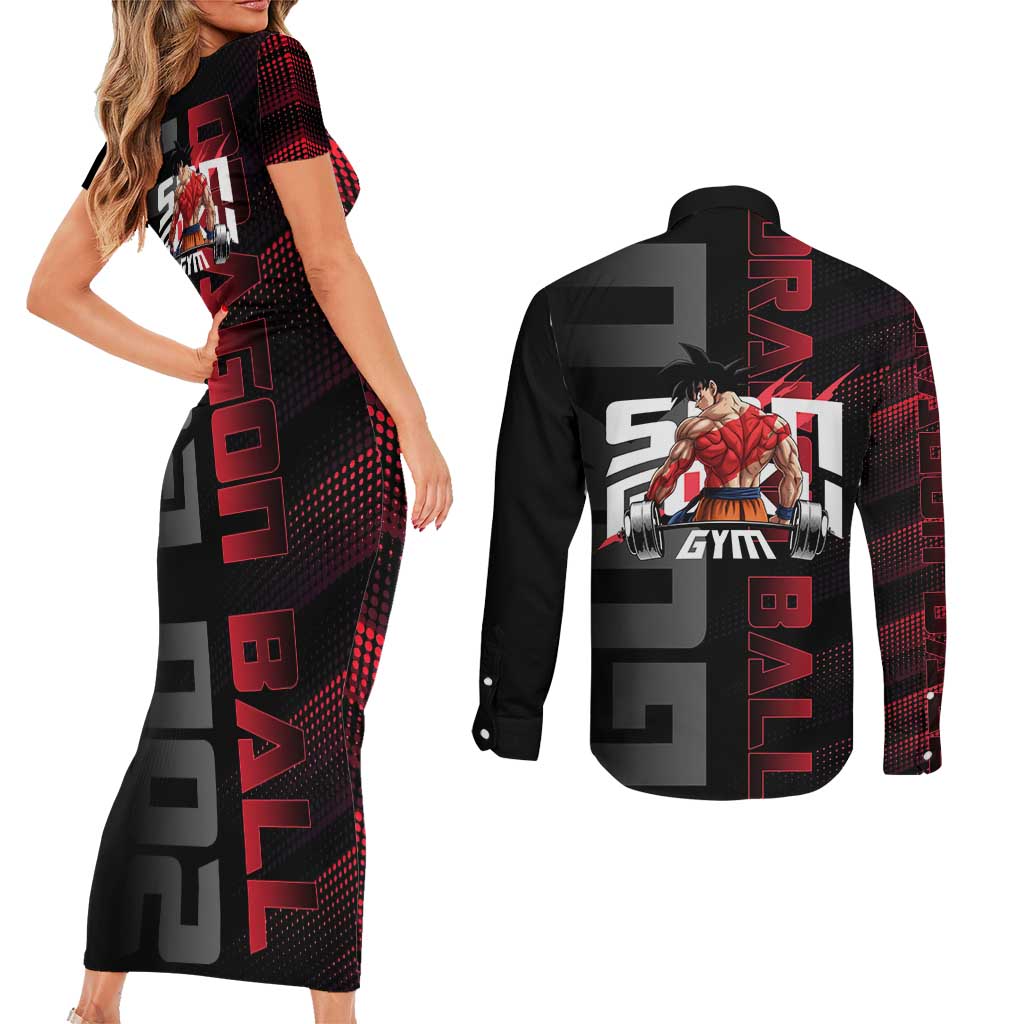 Goku Gym Theme Black and Red Design Couples Matching Short Sleeve Bodycon Dress and Long Sleeve Button Shirt with Dumbbell Lightning Art and Muscle Training Pose - The Mazicc