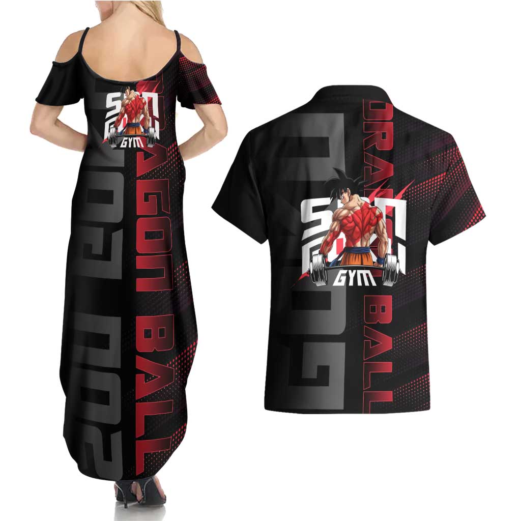 Goku Gym Theme Black and Red Design Couples Matching Summer Maxi Dress and Hawaiian Shirt with Dumbbell Lightning Art and Muscle Training Pose - The Mazicc