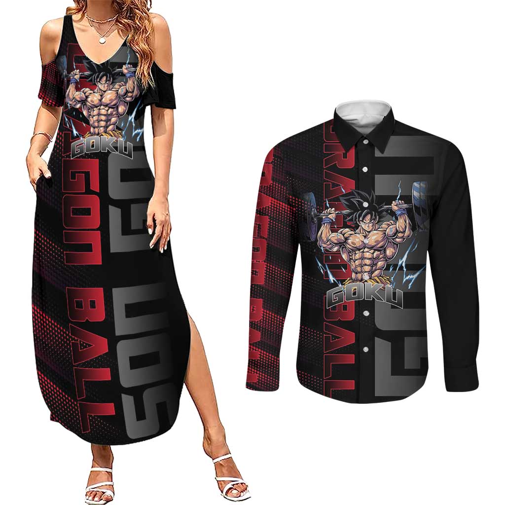 Goku Gym Theme Black and Red Design Couples Matching Summer Maxi Dress and Long Sleeve Button Shirt with Dumbbell Lightning Art and Muscle Training Pose - The Mazicc