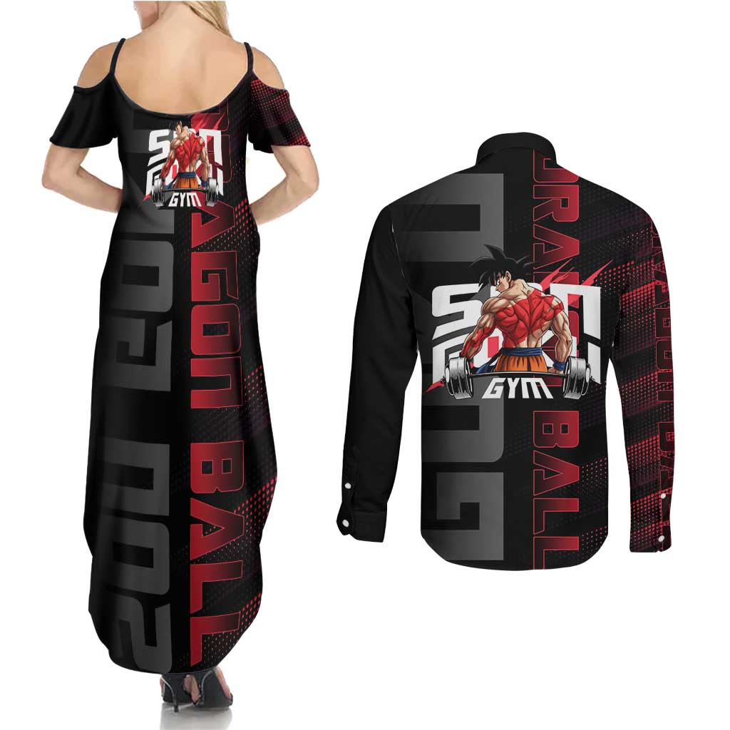 Goku Gym Theme Black and Red Design Couples Matching Summer Maxi Dress and Long Sleeve Button Shirt with Dumbbell Lightning Art and Muscle Training Pose - The Mazicc