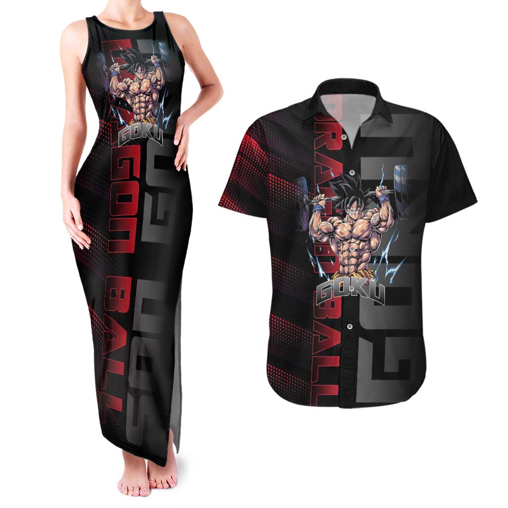 Goku Gym Theme Black and Red Design Couples Matching Tank Maxi Dress and Hawaiian Shirt with Dumbbell Lightning Art and Muscle Training Pose - The Mazicc