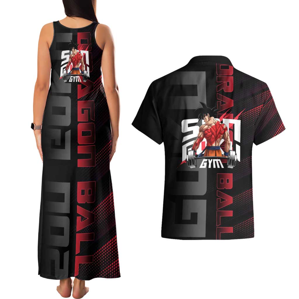 Goku Gym Theme Black and Red Design Couples Matching Tank Maxi Dress and Hawaiian Shirt with Dumbbell Lightning Art and Muscle Training Pose - The Mazicc