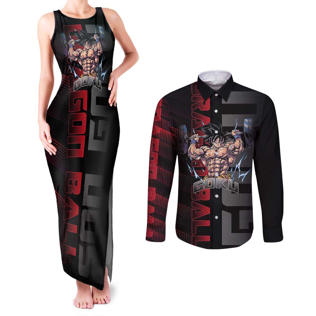 Goku Gym Theme Black and Red Design Couples Matching Tank Maxi Dress and Long Sleeve Button Shirt with Dumbbell Lightning Art and Muscle Training Pose - The Mazicc