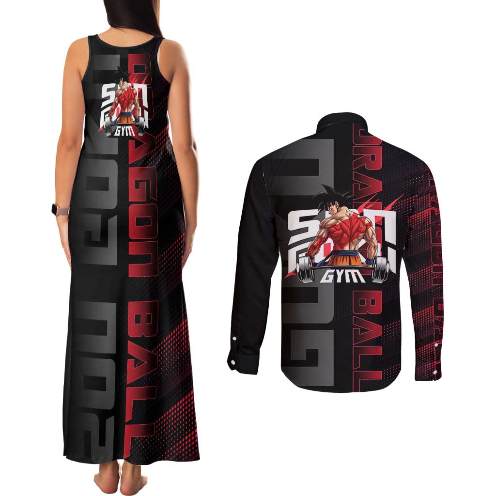 Goku Gym Theme Black and Red Design Couples Matching Tank Maxi Dress and Long Sleeve Button Shirt with Dumbbell Lightning Art and Muscle Training Pose - The Mazicc