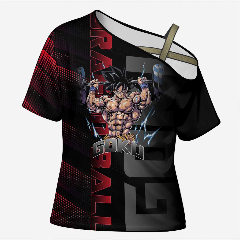 Goku Gym Theme Black and Red Design Cross Shoulder Shirt with Dumbbell Lightning Art and Muscle Training Pose - The Mazicc