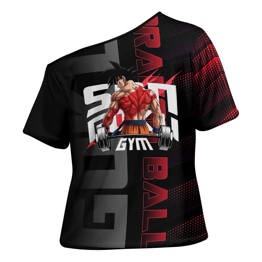 Goku Gym Theme Black and Red Design Cross Shoulder Shirt with Dumbbell Lightning Art and Muscle Training Pose - The Mazicc