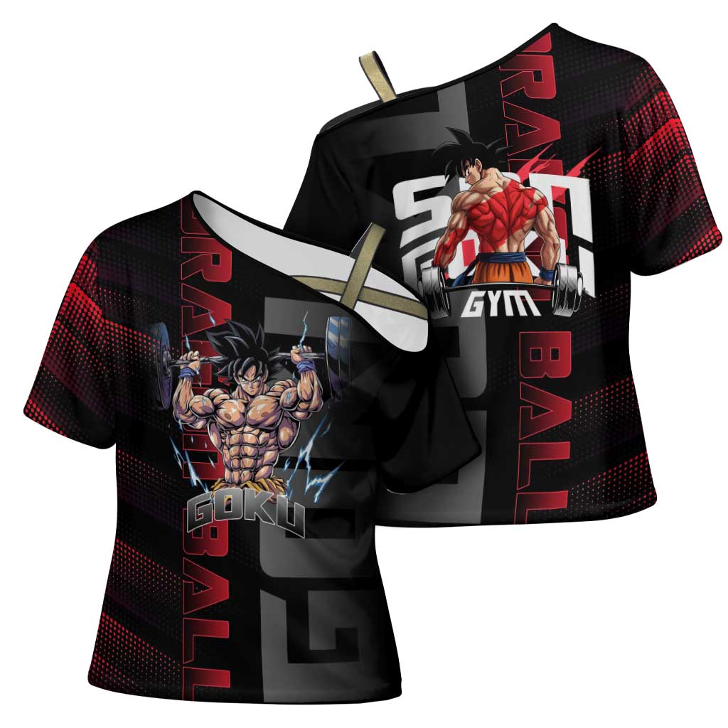 Goku Gym Theme Black and Red Design Cross Shoulder Shirt with Dumbbell Lightning Art and Muscle Training Pose - The Mazicc