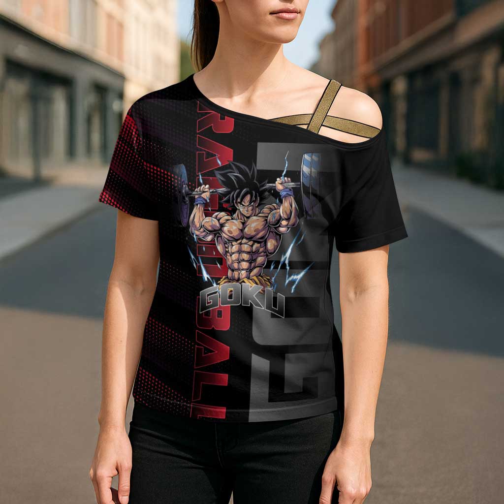 Goku Gym Theme Black and Red Design Cross Shoulder Shirt with Dumbbell Lightning Art and Muscle Training Pose - The Mazicc