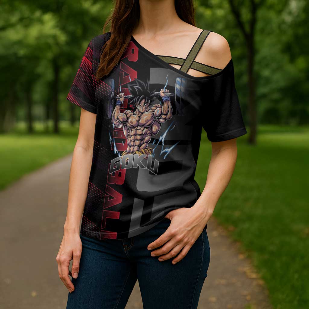 Goku Gym Theme Black and Red Design Cross Shoulder Shirt with Dumbbell Lightning Art and Muscle Training Pose - The Mazicc