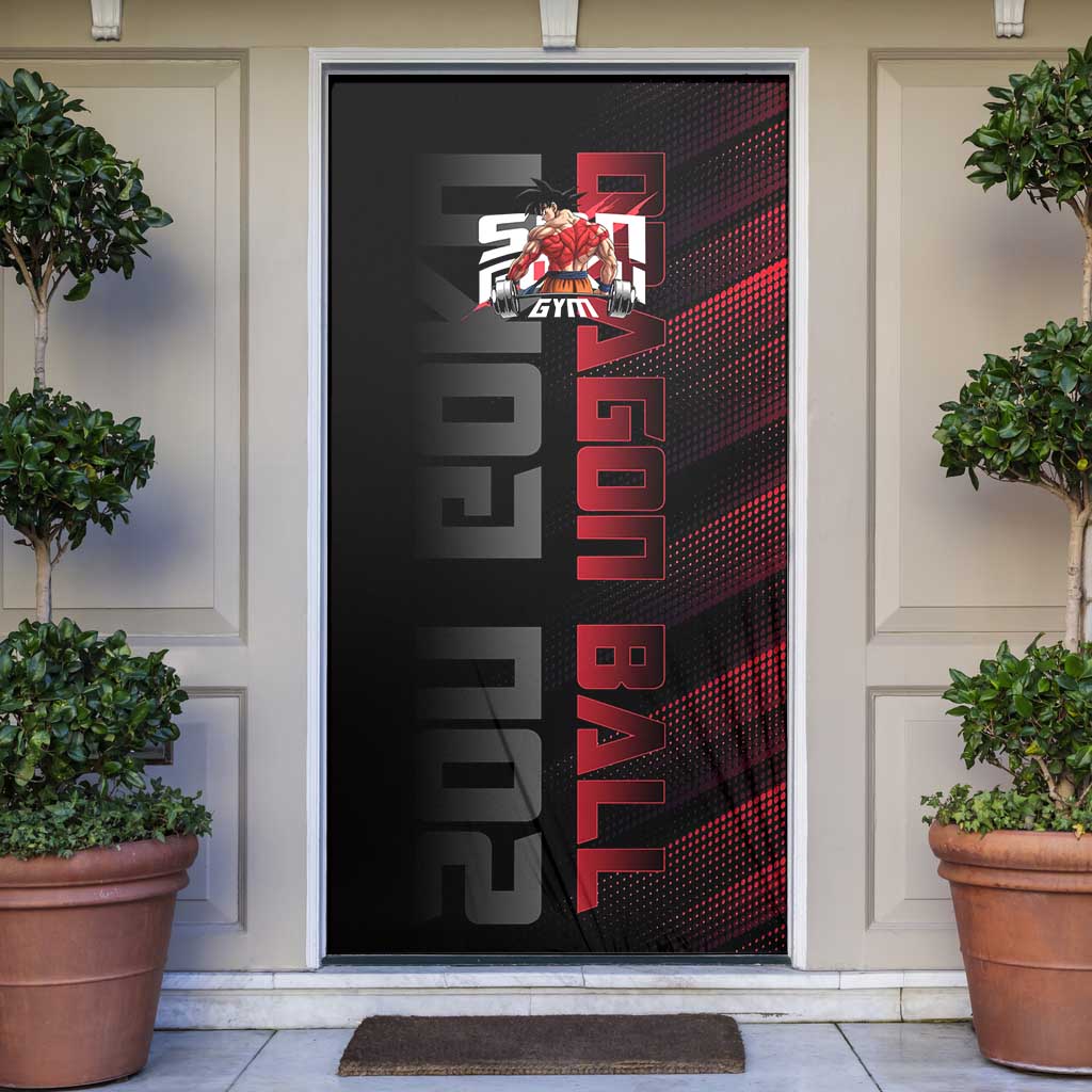 Goku Gym Theme Black and Red Design Door Cover with Dumbbell Lightning Art and Muscle Training Pose - The Mazicc