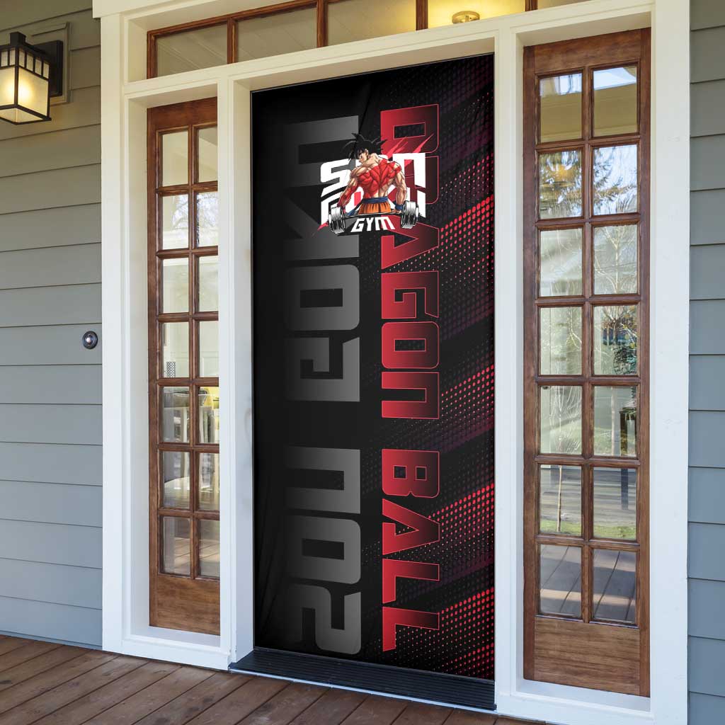 Goku Gym Theme Black and Red Design Door Cover with Dumbbell Lightning Art and Muscle Training Pose - The Mazicc