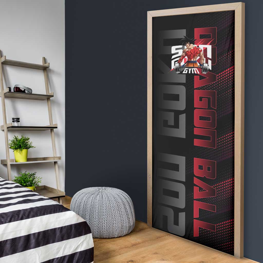 Goku Gym Theme Black and Red Design Door Cover with Dumbbell Lightning Art and Muscle Training Pose - The Mazicc