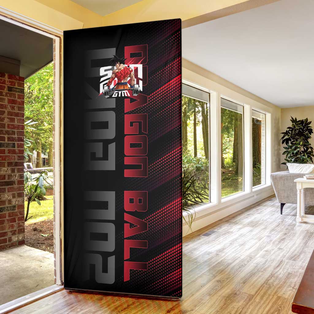Goku Gym Theme Black and Red Design Door Cover with Dumbbell Lightning Art and Muscle Training Pose - The Mazicc