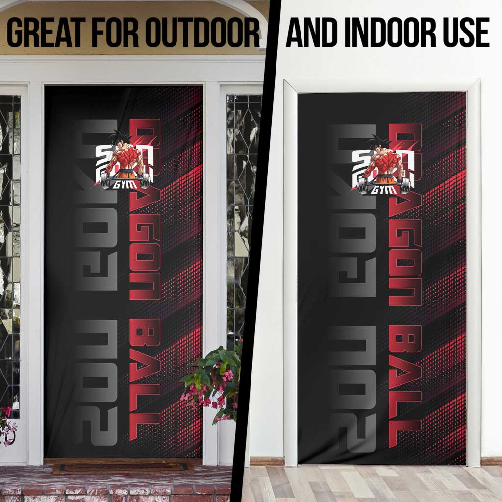Goku Gym Theme Black and Red Design Door Cover with Dumbbell Lightning Art and Muscle Training Pose - The Mazicc