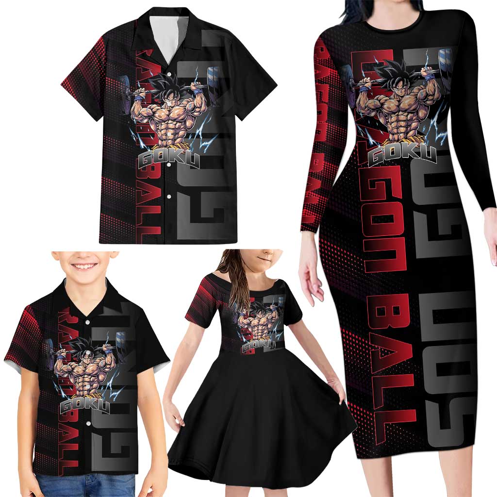 Goku Gym Theme Black and Red Design Family Matching Long Sleeve Bodycon Dress and Hawaiian Shirt with Dumbbell Lightning Art and Muscle Training Pose