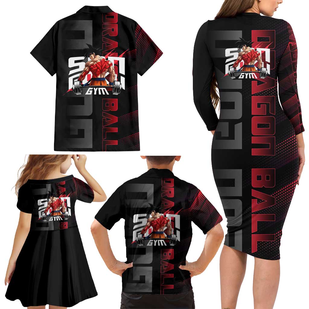 Goku Gym Theme Black and Red Design Family Matching Long Sleeve Bodycon Dress and Hawaiian Shirt with Dumbbell Lightning Art and Muscle Training Pose