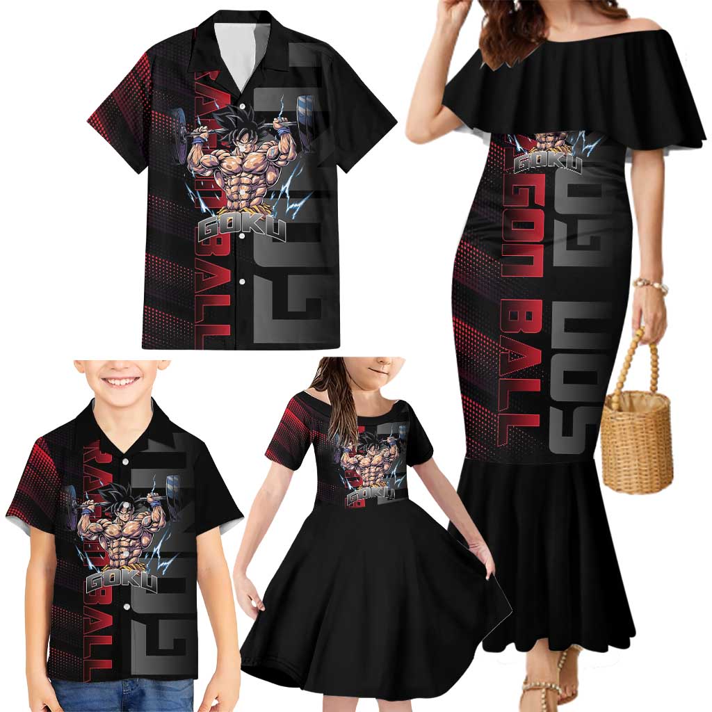 Goku Gym Theme Black and Red Design Family Matching Mermaid Dress and Hawaiian Shirt with Dumbbell Lightning Art and Muscle Training Pose