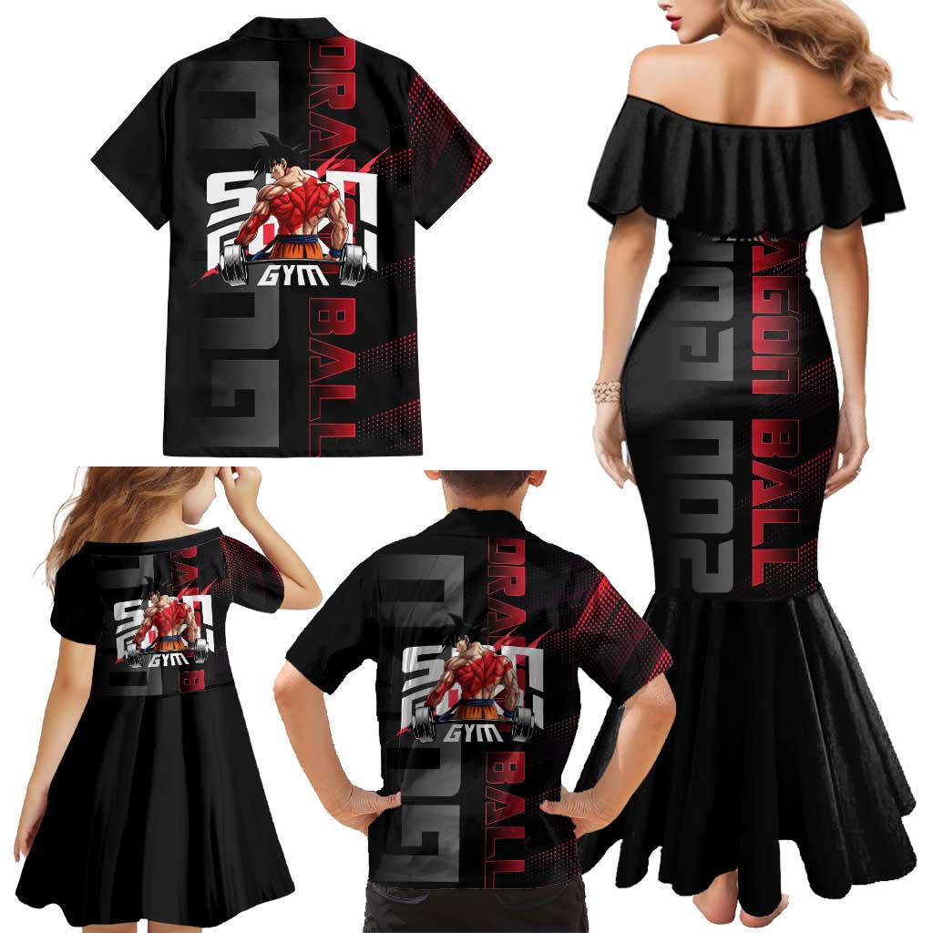 Goku Gym Theme Black and Red Design Family Matching Mermaid Dress and Hawaiian Shirt with Dumbbell Lightning Art and Muscle Training Pose