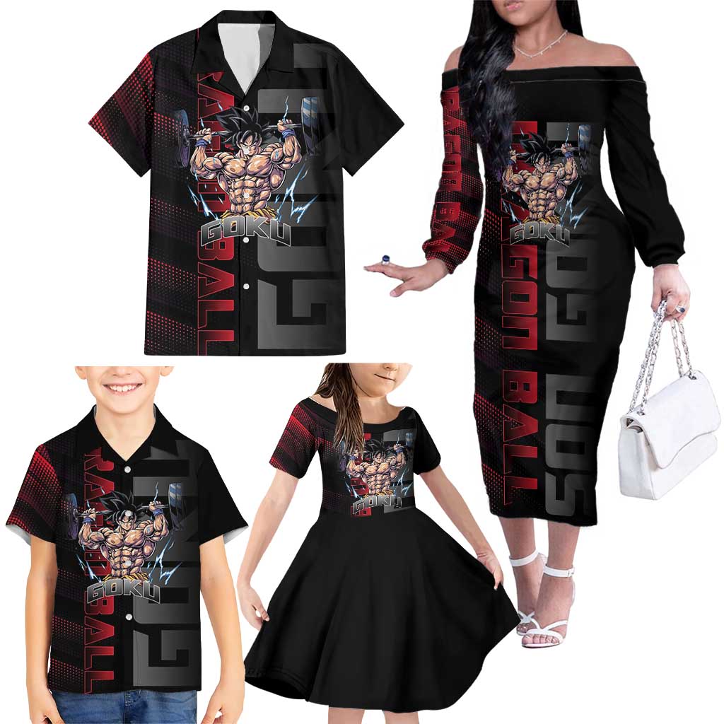 Goku Gym Theme Black and Red Design Family Matching Off The Shoulder Long Sleeve Dress and Hawaiian Shirt with Dumbbell Lightning Art and Muscle Training Pose