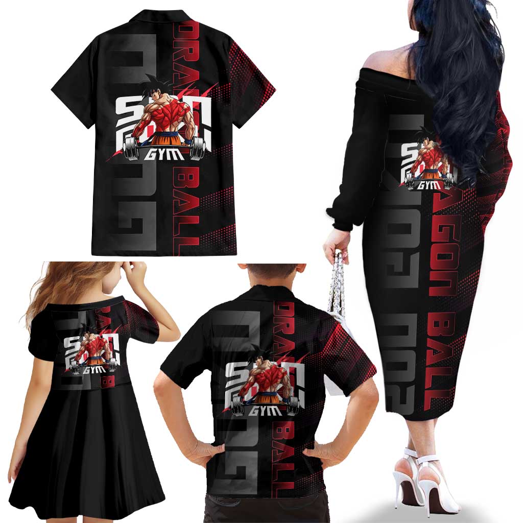 Goku Gym Theme Black and Red Design Family Matching Off The Shoulder Long Sleeve Dress and Hawaiian Shirt with Dumbbell Lightning Art and Muscle Training Pose