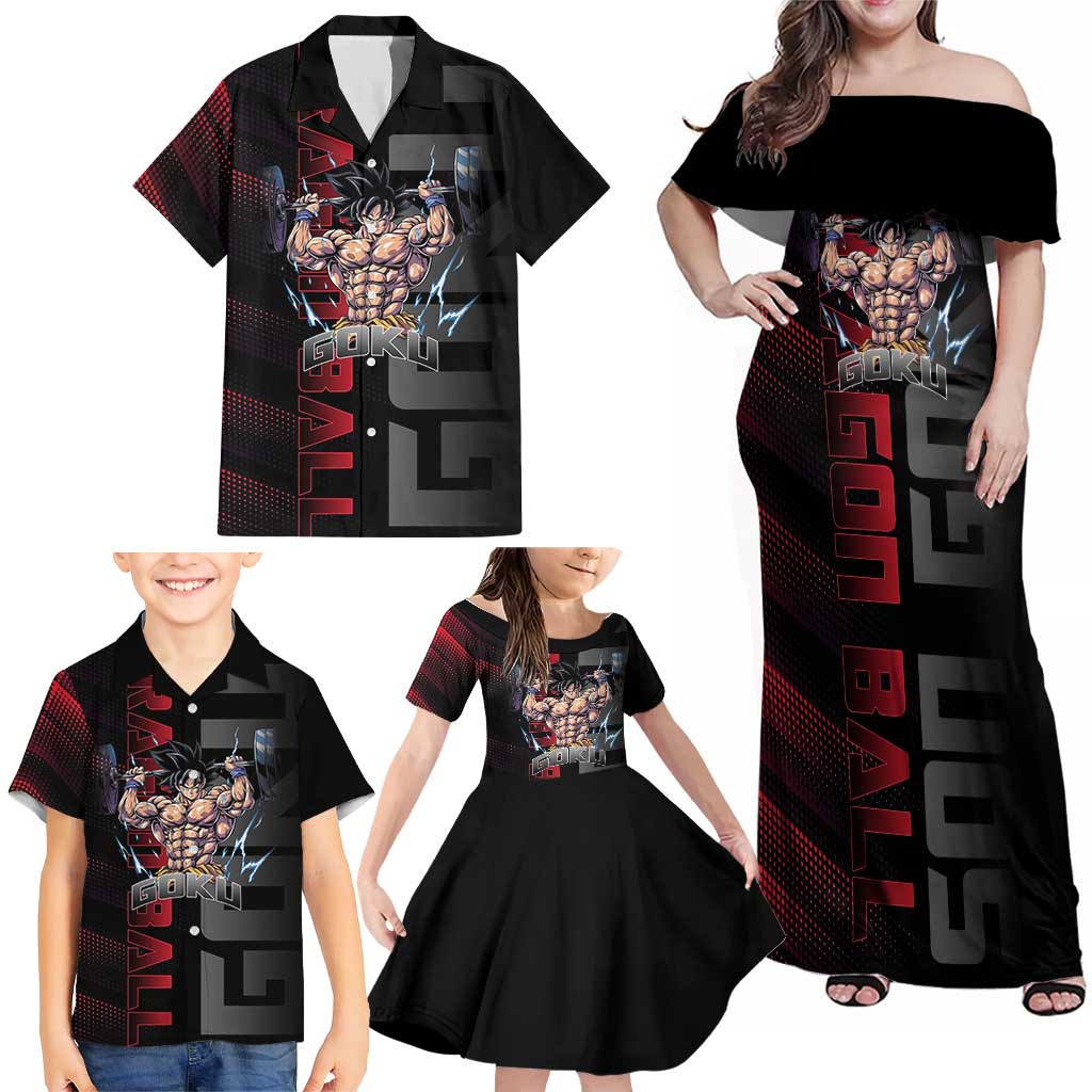 Goku Gym Theme Black and Red Design Family Matching Off Shoulder Maxi Dress and Hawaiian Shirt with Dumbbell Lightning Art and Muscle Training Pose