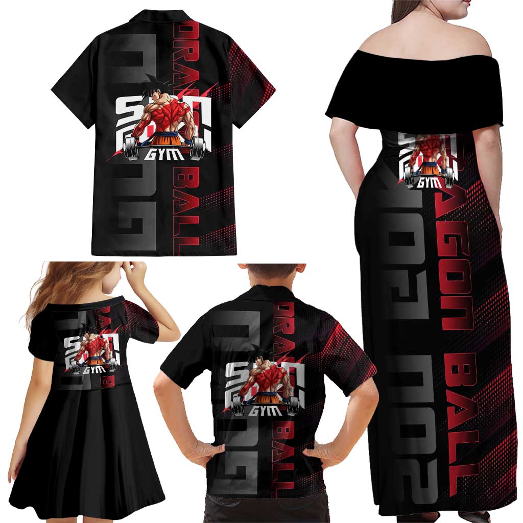 Goku Gym Theme Black and Red Design Family Matching Off Shoulder Maxi Dress and Hawaiian Shirt with Dumbbell Lightning Art and Muscle Training Pose