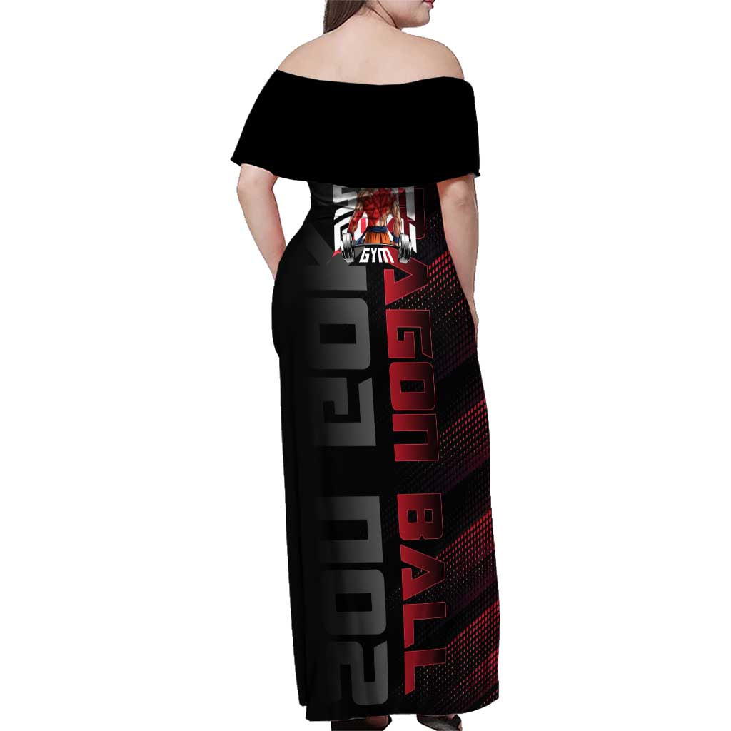 Goku Gym Theme Black and Red Design Family Matching Off Shoulder Maxi Dress and Hawaiian Shirt with Dumbbell Lightning Art and Muscle Training Pose