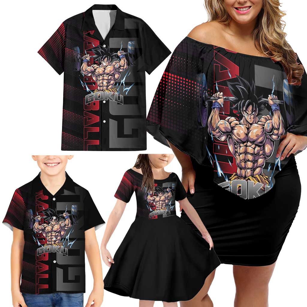 Goku Gym Theme Black and Red Design Family Matching Off Shoulder Short Dress and Hawaiian Shirt with Dumbbell Lightning Art and Muscle Training Pose