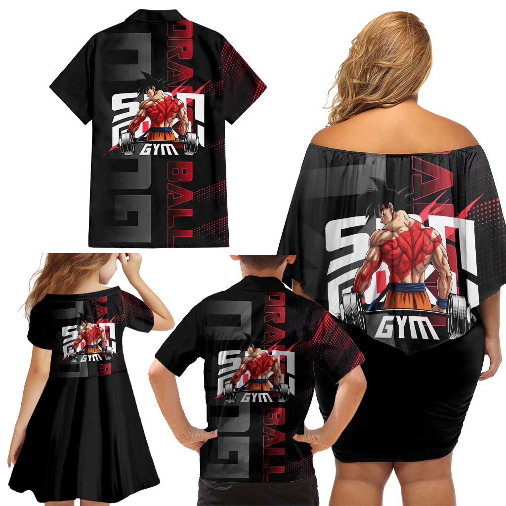 Goku Gym Theme Black and Red Design Family Matching Off Shoulder Short Dress and Hawaiian Shirt with Dumbbell Lightning Art and Muscle Training Pose