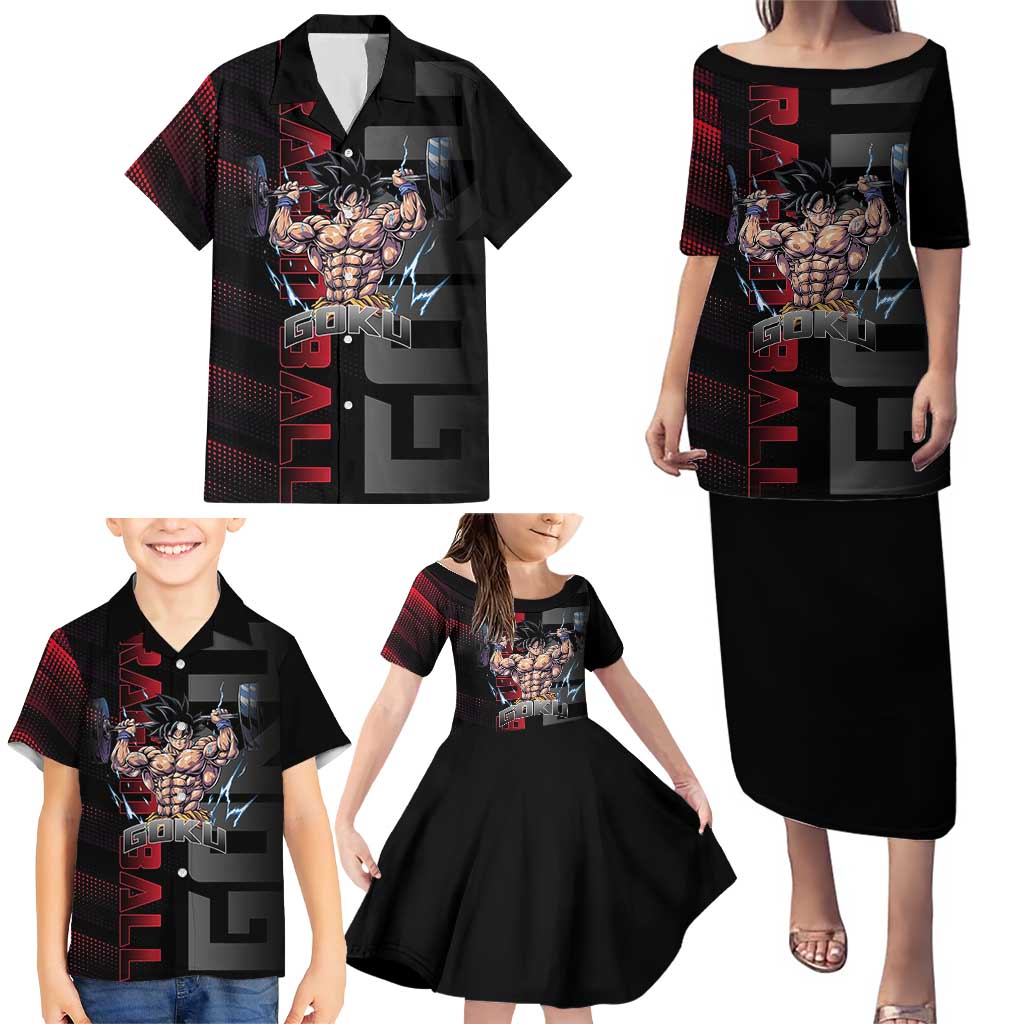 Goku Gym Theme Black and Red Design Family Matching Puletasi and Hawaiian Shirt with Dumbbell Lightning Art and Muscle Training Pose
