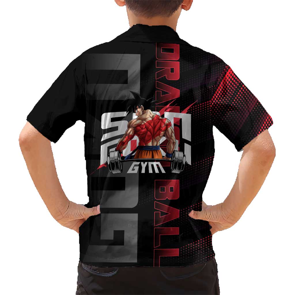 Goku Gym Theme Black and Red Design Family Matching Puletasi and Hawaiian Shirt with Dumbbell Lightning Art and Muscle Training Pose