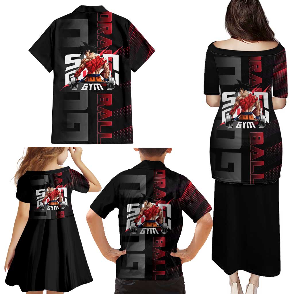 Goku Gym Theme Black and Red Design Family Matching Puletasi and Hawaiian Shirt with Dumbbell Lightning Art and Muscle Training Pose