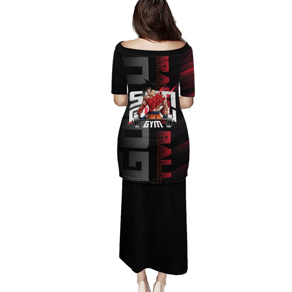 Goku Gym Theme Black and Red Design Family Matching Puletasi and Hawaiian Shirt with Dumbbell Lightning Art and Muscle Training Pose